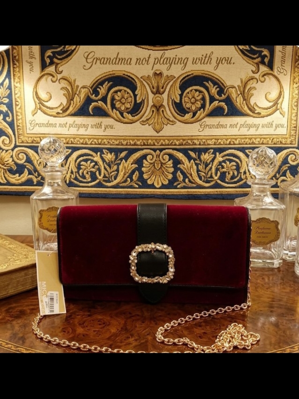 Michael Kors Velvet Burgundy Chain Shoulder Bag with Jewel Buckle NWT